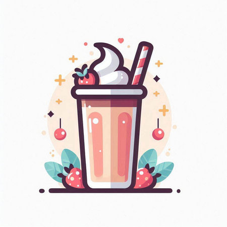 Vector illustration of a milkshake with whipped cream and cherry.のイラスト素材