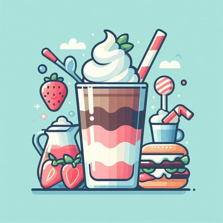 Vector illustration of a glass of milkshake with strawberries, ice cream and sweets in flat styleのイラスト素材