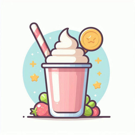 Strawberry milkshake with whipped cream and straw vector illustrationのイラスト素材