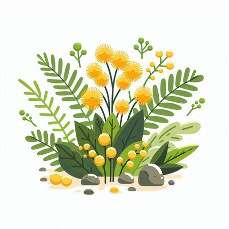 Flowering branch of mimosa with leaves and stones. Vector illustration.のイラスト素材
