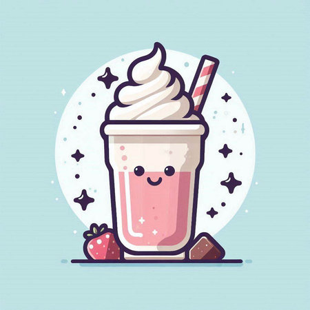 Cute cartoon milkshake with whipped cream and strawberry. Vector illustration.のイラスト素材