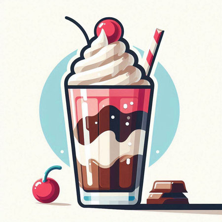 Milkshake with whipped cream, cherry and chocolate bar. Vector illustration.のイラスト素材