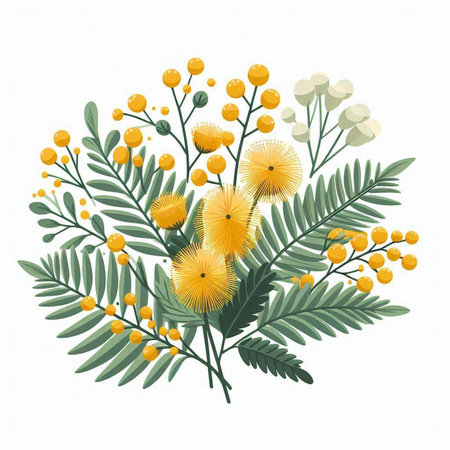 Mimosa bouquet isolated on white background. Vector illustration.のイラスト素材