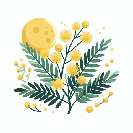 Mimosa branch with yellow flowers and moon. Vector illustration.のイラスト素材