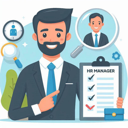 Human resources concept. HR manager with checklist and magnifying glass. Vector illustration in cartoon styleのイラスト素材
