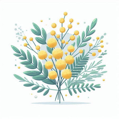 Bouquet of mimosa flowers with leaves. Vector illustration.のイラスト素材