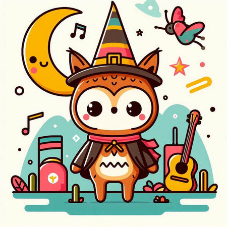 Cute owl in a witch costume with a crescent moon. Vector illustration.のイラスト素材