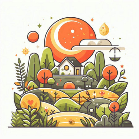 Landscape with houses, trees, sun and moon. Vector illustrationのイラスト素材