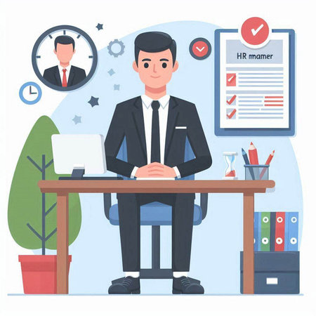 Businessman sitting at the desk in office. Vector illustration in cartoon styleのイラスト素材