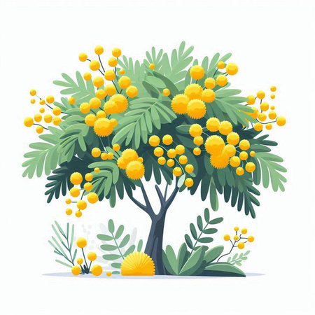 Mimosa tree with yellow flowers and green leaves, vector illustrationのイラスト素材
