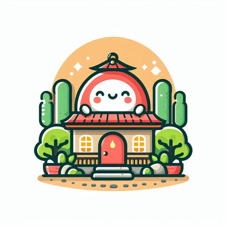 Cute cartoon house with snowman and cactus. Vector illustration.のイラスト素材