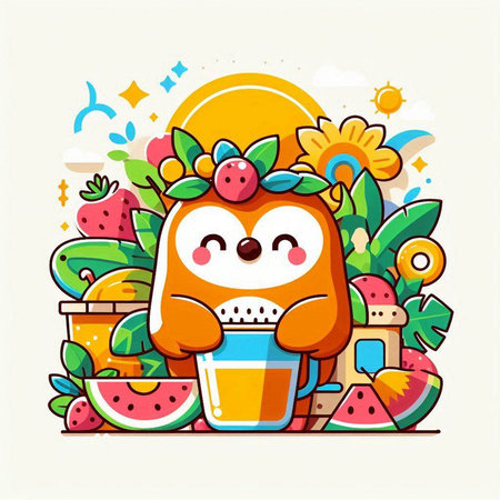 Cute cartoon character with a cup of juice. Vector illustration.のイラスト素材