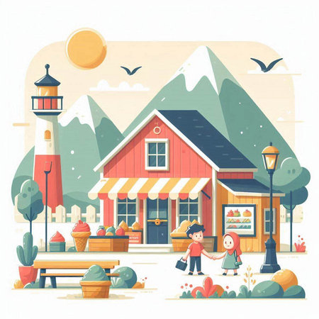 Vector illustration of a small town with a cute little boy and a girl.のイラスト素材
