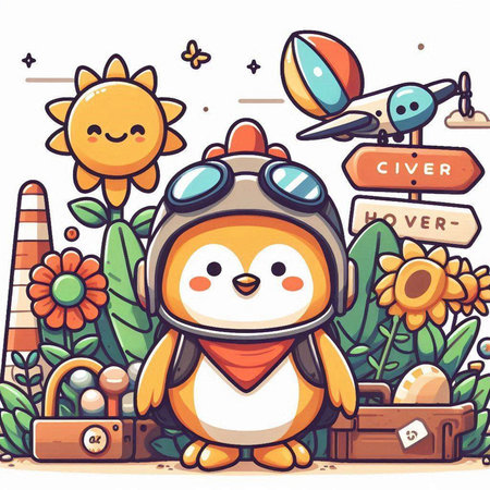 Cute cartoon penguin with travel bag, sunflower and other elements.のイラスト素材