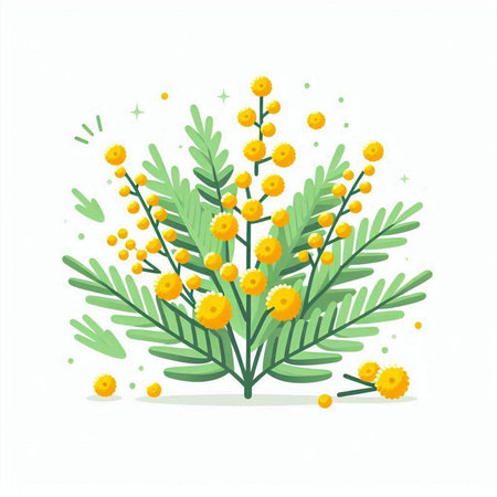 Mimosa branch with yellow flowers isolated on white background. Vector illustration.のイラスト素材