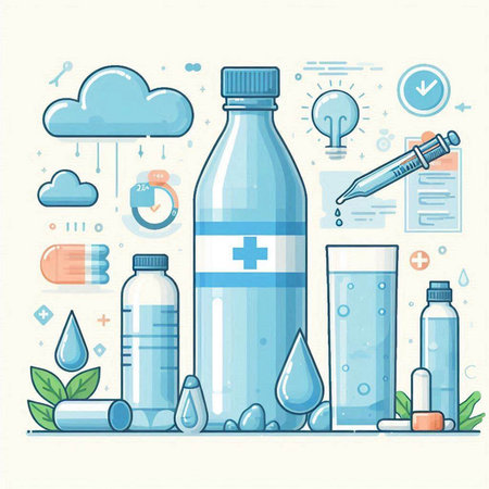 Vector illustration of bottle of water and medical tools in flat style. Healthcare concept.のイラスト素材