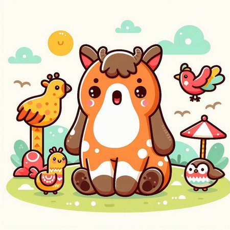 Cute cartoon animal with chickens and birds on the meadow.のイラスト素材