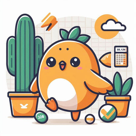 Cute cartoon chicken character with cactus and calculator. Vector illustrationのイラスト素材
