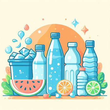 Bottle of water with ice cubes and watermelon. Vector illustrationのイラスト素材