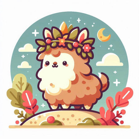 Cute alpaca in a wreath. Vector illustration.のイラスト素材