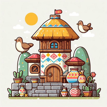 Cute cartoon house in the village. Colorful vector illustration.のイラスト素材