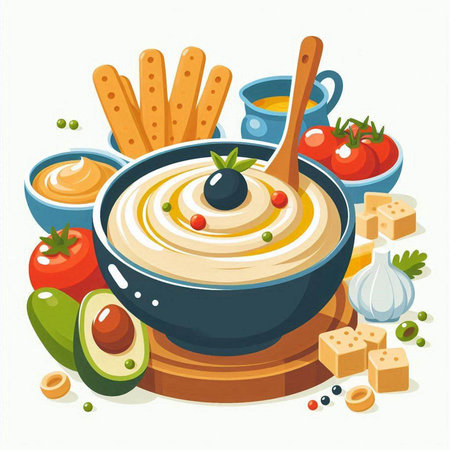 Vector illustration of hummus in bowl with olive oil, olives, tomatoes, cheese and breadsticksのイラスト素材