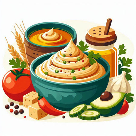 Fresh hummus in bowl with ingredients for cooking, vector illustration.のイラスト素材