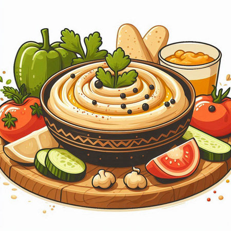 Illustration of hummus in bowl with different vegetables and olive oilのイラスト素材