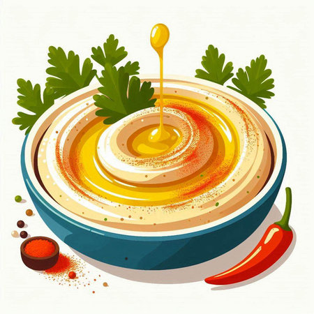 Hummus in bowl with parsley and chili pepper. Vector illustration.のイラスト素材