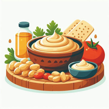 Vector illustration of hummus in wooden bowl and ingredients on wooden board.のイラスト素材