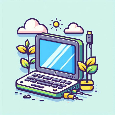 Laptop connected to a USB cable. Flat design vector illustration.のイラスト素材