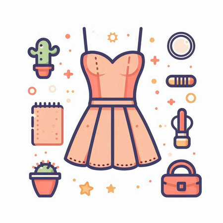 Cute fashion icons set in flat line style. Vector illustration.のイラスト素材