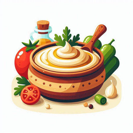 Mustard sauce in wooden bowl with herbs and spices. Vector illustrationのイラスト素材