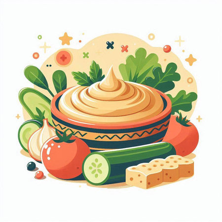 Vector illustration of hummus in bowl with vegetables. Healthy food.のイラスト素材