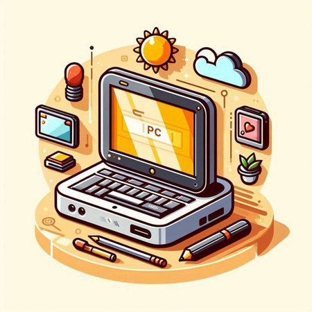 Laptop computer with icons. Laptop isometric vector illustration.のイラスト素材