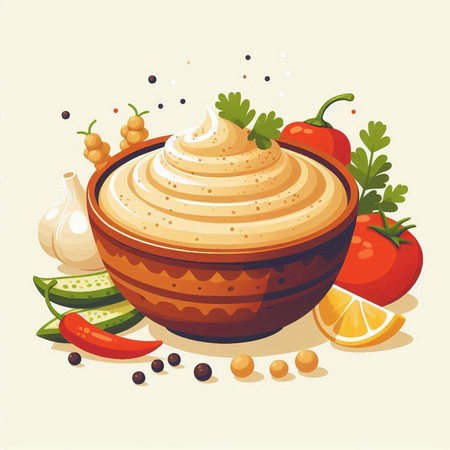 Vector illustration of hummus in bowl with ingredients on beige backgroundのイラスト素材