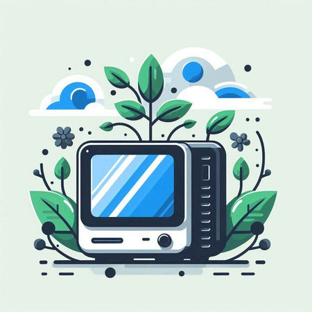 Vector illustration in flat linear style - tv, plant, leaves.のイラスト素材