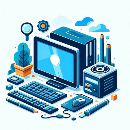 Isometric vector illustration of a desktop computer with a mouse, keyboard, mouse, keyboard, mouse, monitor and graphics tabletのイラスト素材