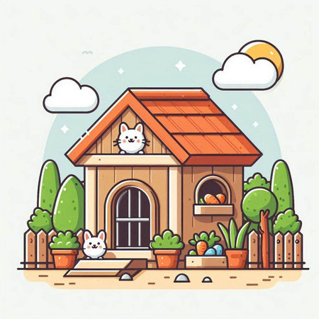 Cute cat and house in the garden. Vector illustration in cartoon style.のイラスト素材