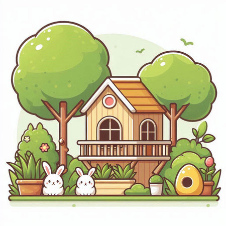 Wooden house in the garden. Cartoon style. Vector illustration.のイラスト素材