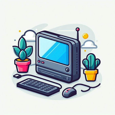 Computer monitor, keyboard and mouse. Vector illustration in flat style.のイラスト素材