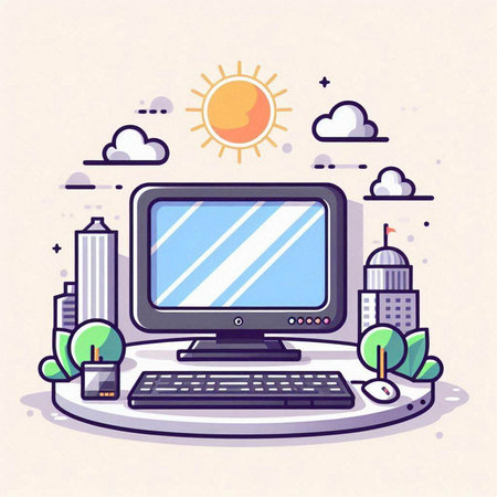 Vector illustration of workplace with computer and modern cityscape in flat style.のイラスト素材