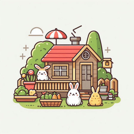Vector illustration of a farm house with cute little rabbits and fruits.のイラスト素材