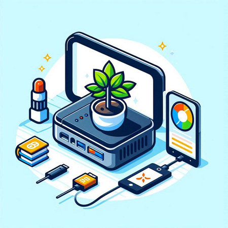 Vector isometric illustration of a personal computer with a plant in a potのイラスト素材
