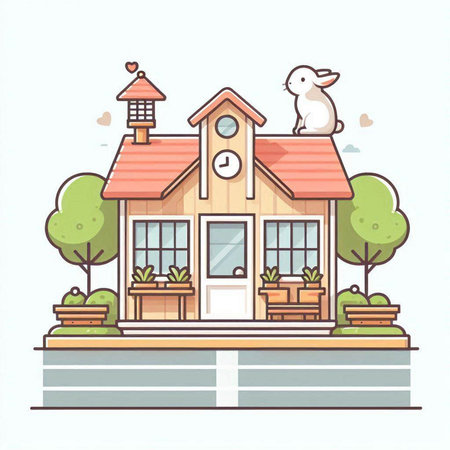 Vector illustration of cute house in flat style. House with a cat on the roof.のイラスト素材