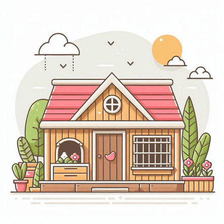 Vector illustration of wooden house in flat style. House in the countryside.のイラスト素材