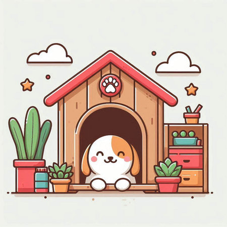 Cute dog in doghouse. Vector illustration in flat styleのイラスト素材