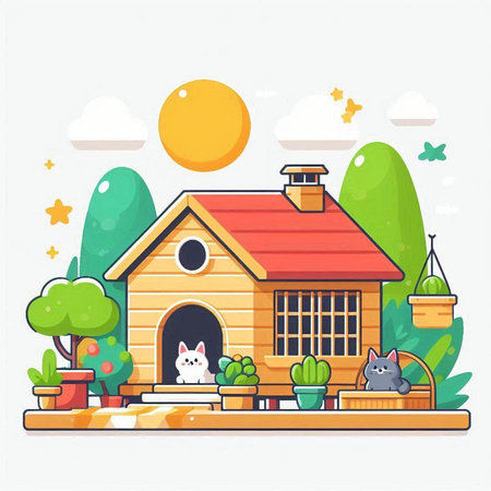 Cute cartoon doghouse with cat in the garden. Vector illustration.のイラスト素材