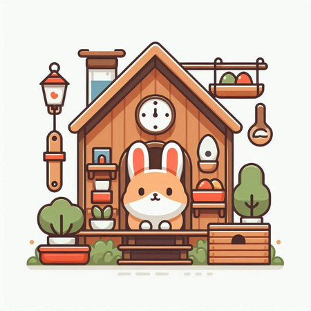 Vector illustration of cute cartoon rabbit in wooden house. Cute animal in flat style.のイラスト素材