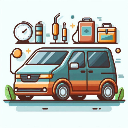 Vector illustration of a flat design of a van on the road.のイラスト素材